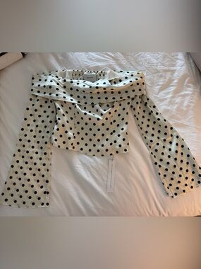 Reformation Polka Dot Off-Shoulder Satin Top - Black on Cream